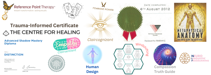 Assorted healing and certification logos and badges.